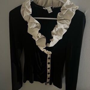 Joseph Ribkoff Black Top with Cream Ruffle Collar